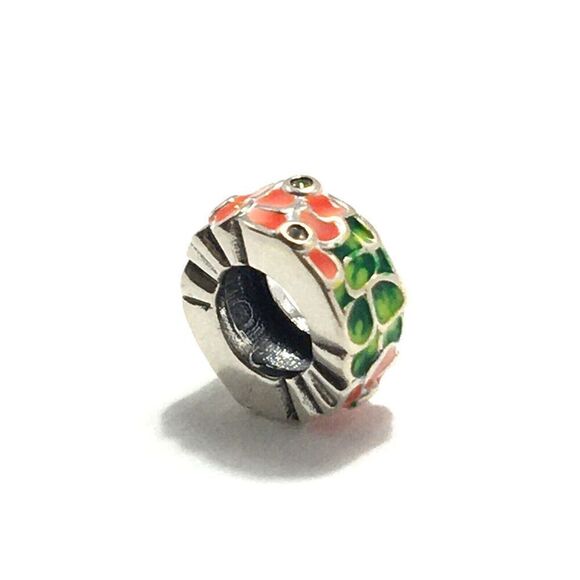 Sterling Silver Bead Charm 925 CZ Peach Green Flowers For DIY Bracelets - Picture 10 of 12